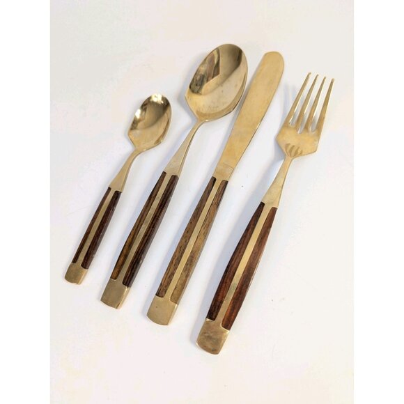 Vintage 1960’s Jean Claude Brass & Rosewood 38PC Cutlery Silverware Set - Picture 9 of 12